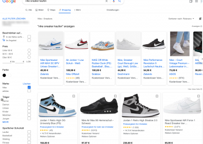 Hier ist ein Screenshot von Google Shopping Anzeigen zu sehen