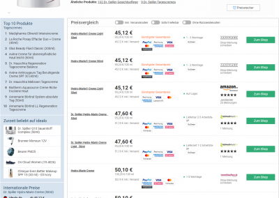 idealo Preisvergleichsseite zeigt ein Kosmetikprodukt